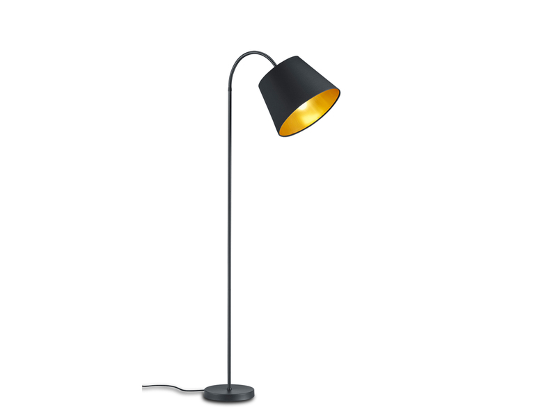 Stehlampe LAUREA gebogen mit E27 Stoffschirm Schwarz Gold, Höhe 156cm