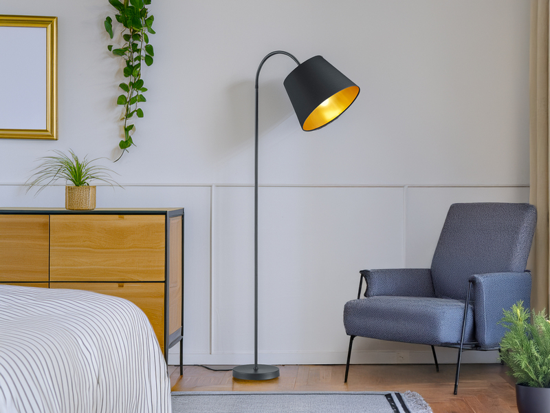 Stehlampe LAUREA gebogen mit E27 Stoffschirm Schwarz Gold, Höhe 156cm