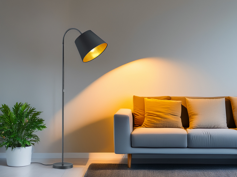 Stehlampe LAUREA gebogen mit E27 Stoffschirm Schwarz Gold, Höhe 156cm