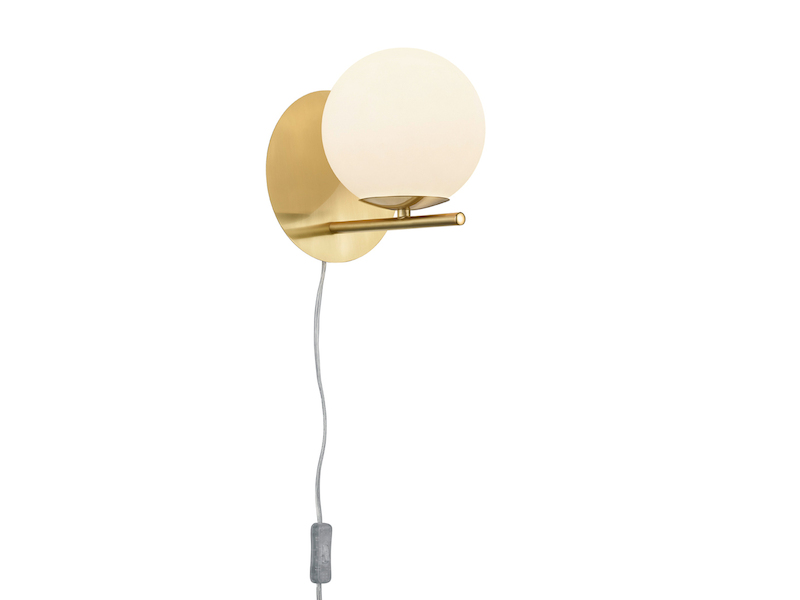 Wandlampe PURE mit Schalter, Kabel und Stecker, Glaskugel Weiß, Höhe 21cm