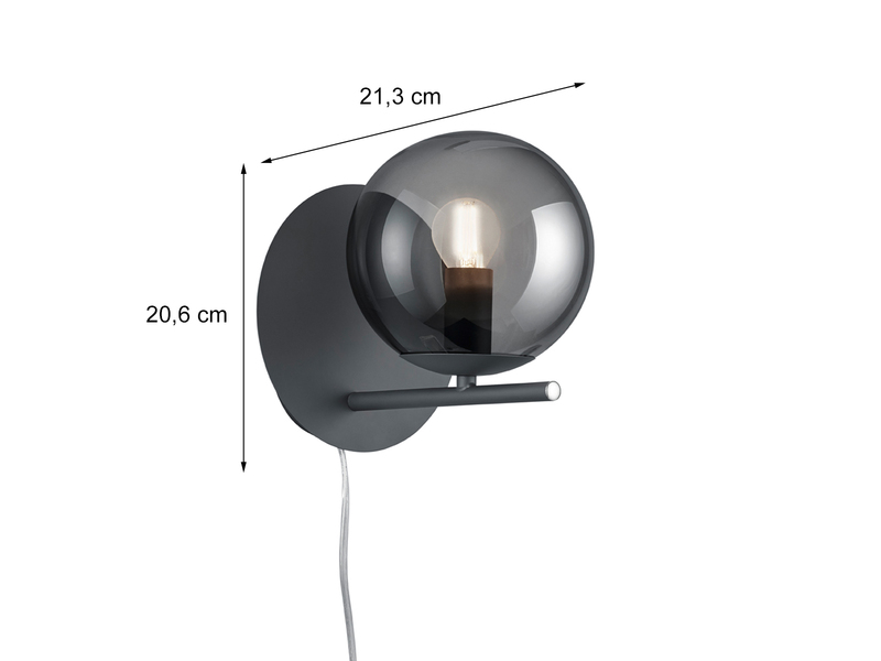 Wandlampe PURE mit Schalter, Kabel und Stecker & Rauchglas Kugel, Höhe 21cm