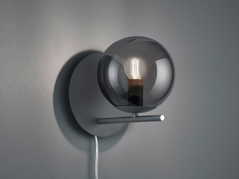 Wandlampe PURE mit Schalter, Kabel und Stecker & Rauchglas Kugel, Höhe 21cm
