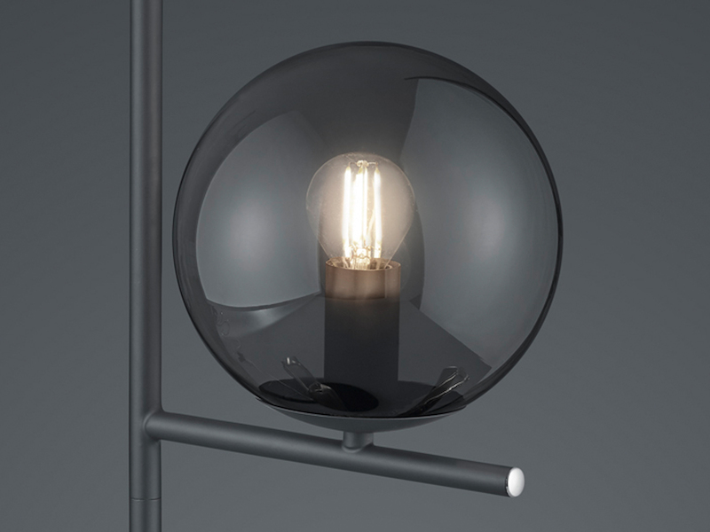 Design Tischleuchte PURE in Anthrazit mit Lampenschirm Glaskugel Rauchfarbig