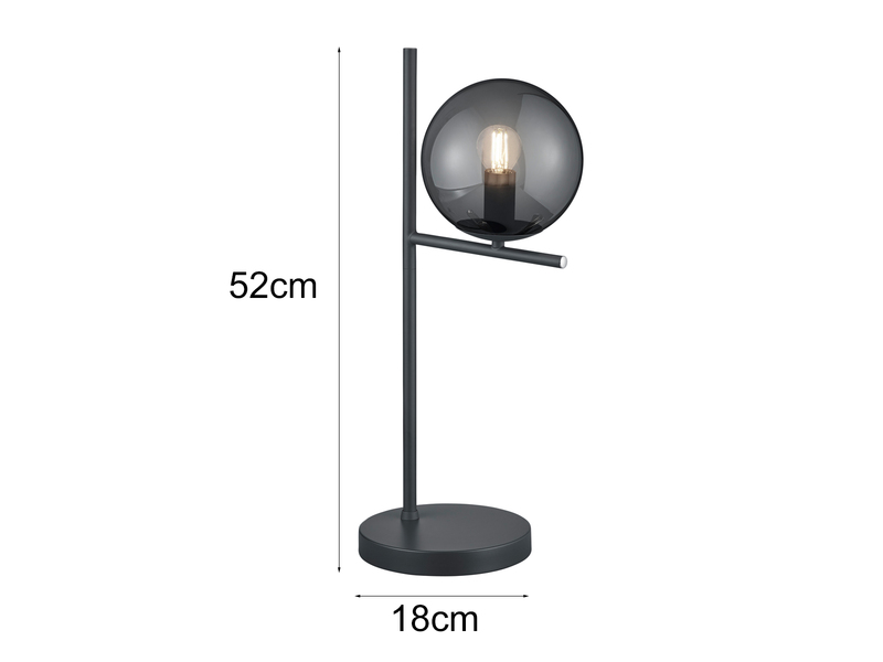 Design Tischleuchte PURE Anthrazit Lampenschirm Glaskugel Rauchfarbig, Höhe 52cm
