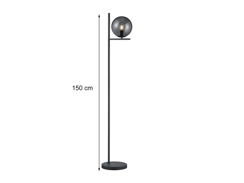 Design Stehleuchte PURE Anthrazit mit Lampenschirm Glaskugel Rauchfarbig, 150cm