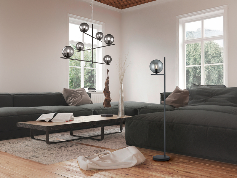 Design Stehleuchte PURE Anthrazit mit Lampenschirm Glaskugel Rauchfarbig, 150cm