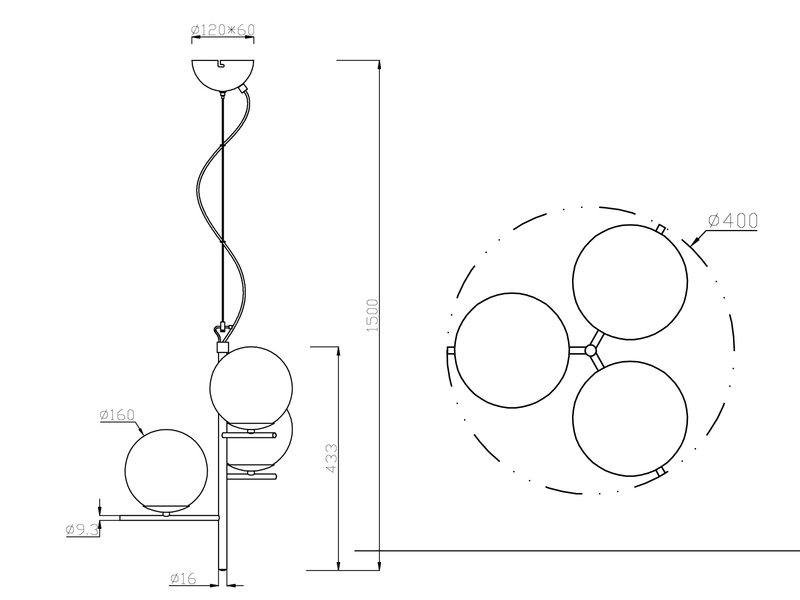 Pendelleuchte PURE 3-flammig in Messing mit Glaskugeln aus Opalglas, Ø 40cm