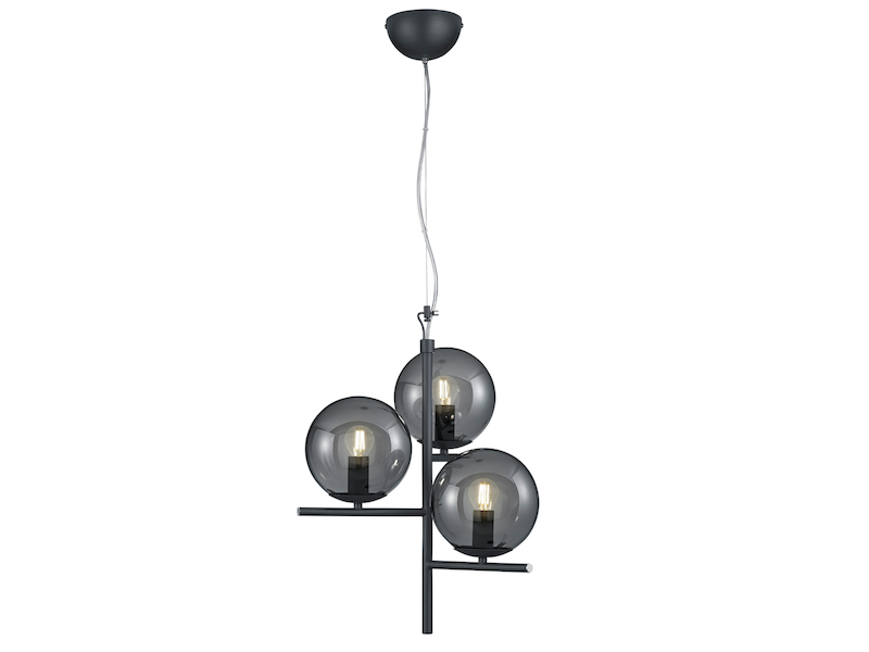 Pendelleuchte PURE 3-flammig in Schwarz mit Glaskugeln aus Rauchglas, Ø 40cm