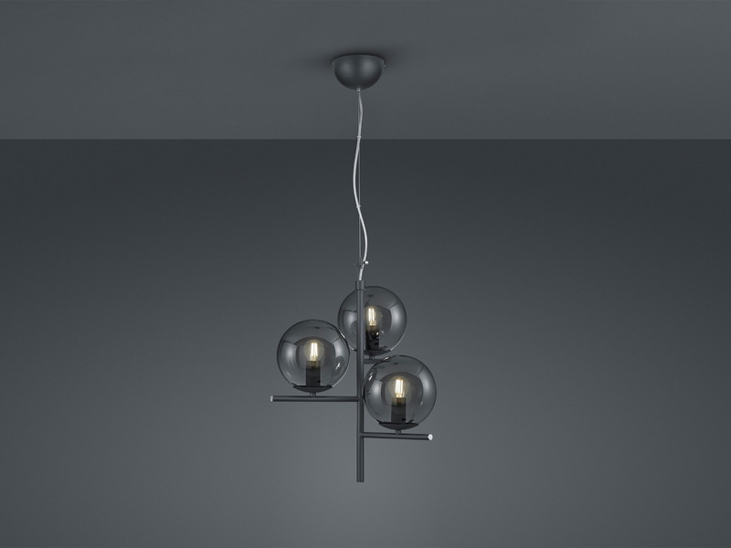 Pendelleuchte PURE 3-flammig in Schwarz mit Glaskugeln aus Rauchglas, Ø 40cm