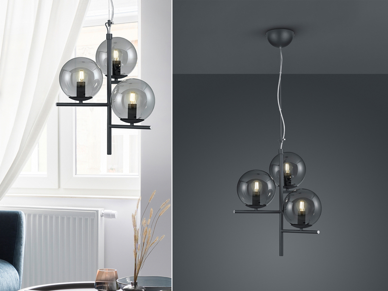 Pendelleuchte PURE 3-flammig in Schwarz mit Glaskugeln aus Rauchglas, Ø 40cm