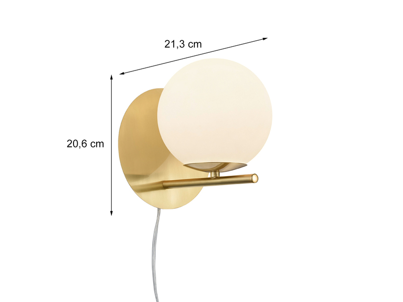 LED Wandleuchte in Messing matt mit Kugel Lampenschirm aus Opalglas, Höhe 21cm