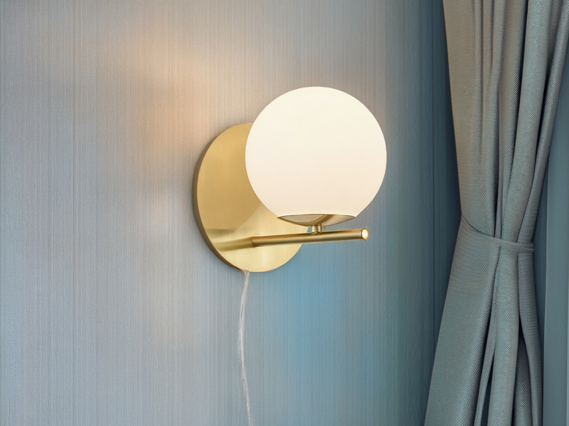 LED Wandleuchte in Messing matt mit Kugel Lampenschirm aus Opalglas, Höhe 21cm