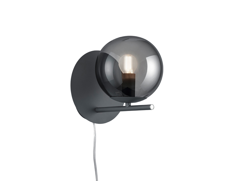 LED Wandleuchte mit Schalter, Kabel und Stecker, Rauchglas Kugel, Höhe 21cm