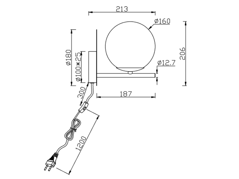 LED Wandleuchte mit Schalter, Kabel und Stecker, Rauchglas Kugel, Höhe 21cm