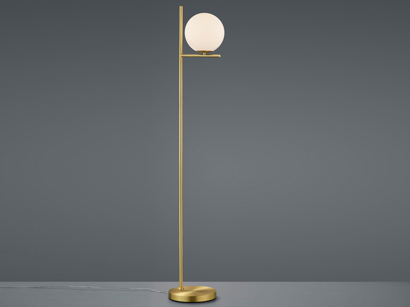 Design LED Stehleuchte in Messing matt mit Lampenschirm Kugel Opalglas