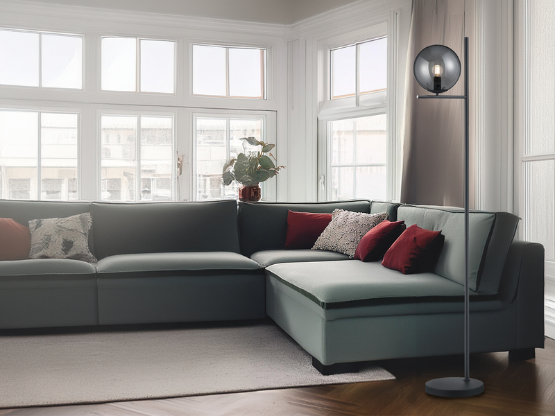 Design LED Stehleuchte Anthrazit mit Lampenschirm Glaskugel Rauchfarbig, 150cm