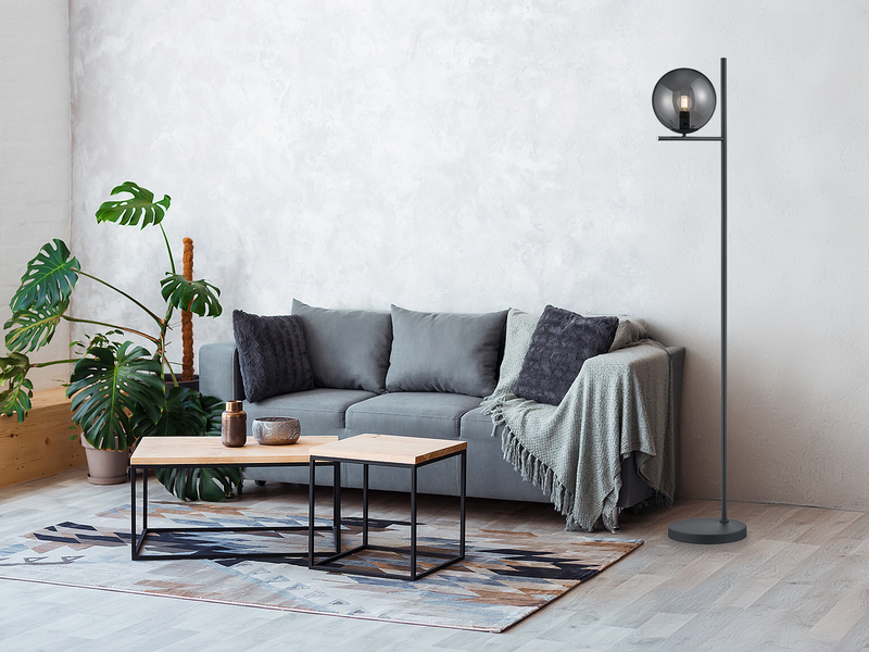 Design LED Stehleuchte Anthrazit mit Lampenschirm Glaskugel Rauchfarbig, 150cm