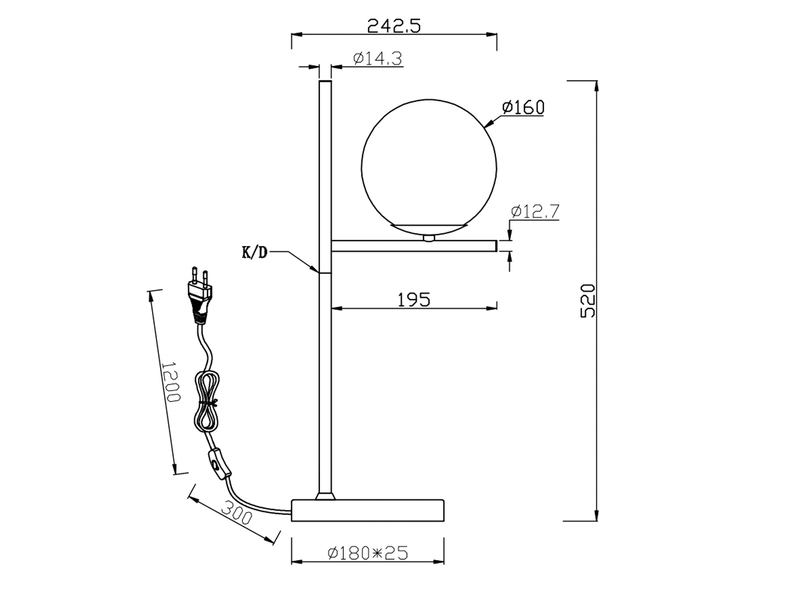 Design LED Tischleuchte Anthrazit Lampenschirm Glaskugel Rauchfarbig, Höhe 52cm
