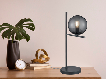 Design LED Tischleuchte Anthrazit Lampenschirm Glaskugel Rauchfarbig, Höhe 52cm