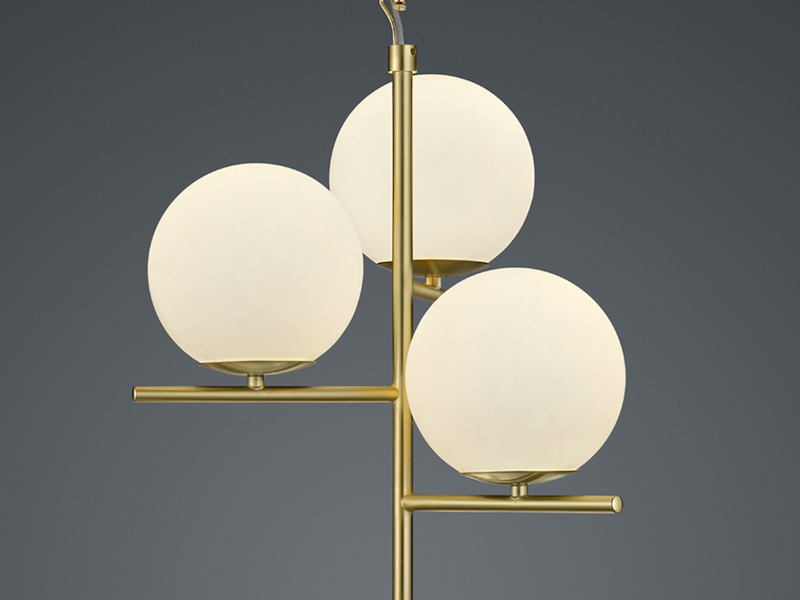 LED Pendelleuchte in Messing 3-flammig mit Glaskugeln Opal Weiß, Ø 40cm