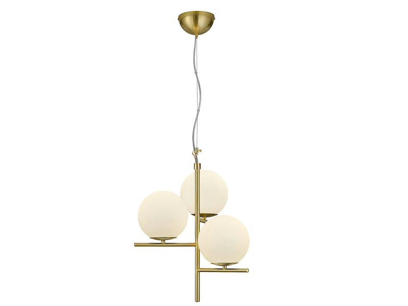 LED Pendelleuchte in Messing 3-flammig mit Glaskugeln Opal Weiß, Ø 40cm
