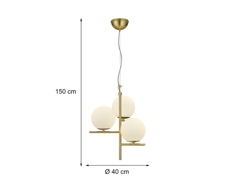 LED Pendelleuchte in Messing 3-flammig mit Glaskugeln Opal Weiß, Ø 40cm