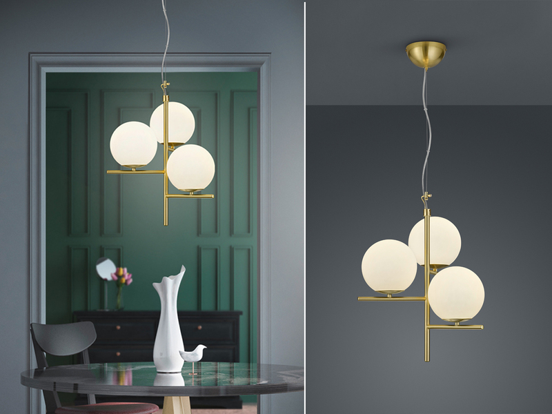 LED Pendelleuchte in Messing 3-flammig mit Glaskugeln Opal Weiß, Ø 40cm