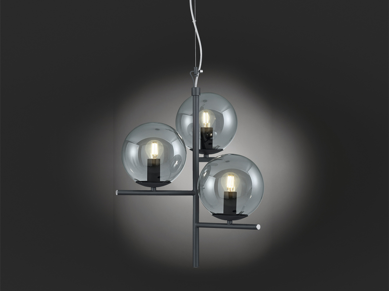 LED Pendelleuchte Anthrazit mit Glaskugeln aus Rauchglas 3-flammig, Ø 40cm
