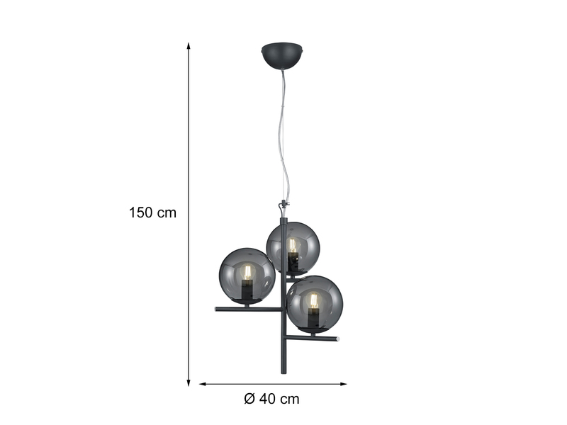 LED Pendelleuchte Anthrazit mit Glaskugeln aus Rauchglas 3-flammig, Ø 40cm