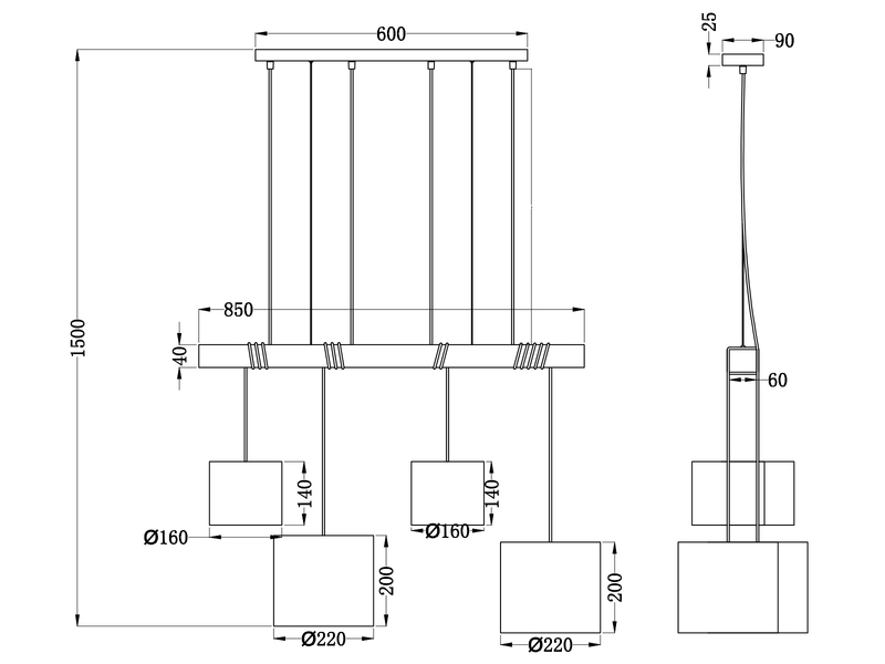 Ausgefallene LED Pendelleuchte 4 flammig Materialmix Stofflampenschirme & Holz