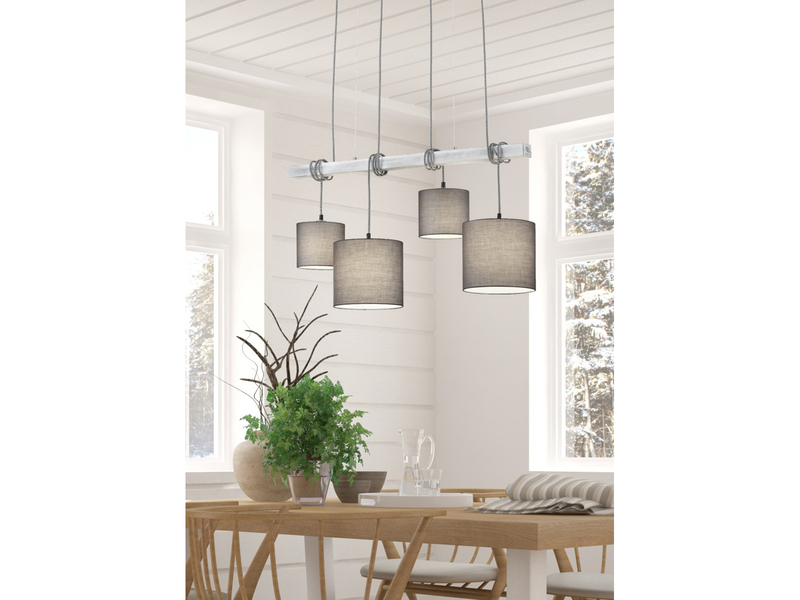 Ausgefallene LED Pendelleuchte 4 flammig Materialmix Stofflampenschirme & Holz