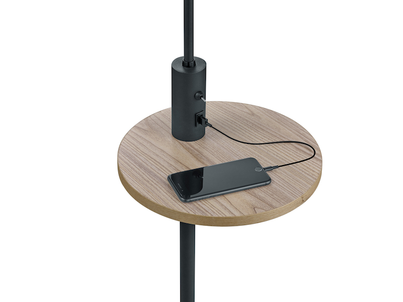 Stehleuchte CLAAS Stoffschirm, Holz Ablagetisch & USB Ladefunktion, 160cm