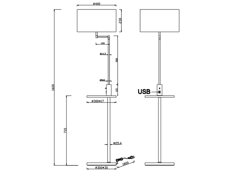 Stehleuchte CLAAS Schwarz matt Stoffschirm, Ablagetisch & USB Anschluss, 160cm