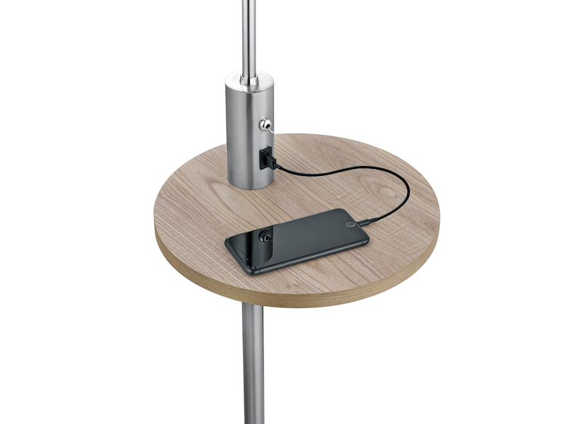 LED Stehleuchte Silber matt mit Stoffschirm, Ablagetisch & USB Anschluss, 160cm