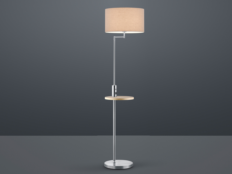 LED Stehleuchte Silber matt mit Stoffschirm, Ablagetisch & USB Anschluss, 160cm
