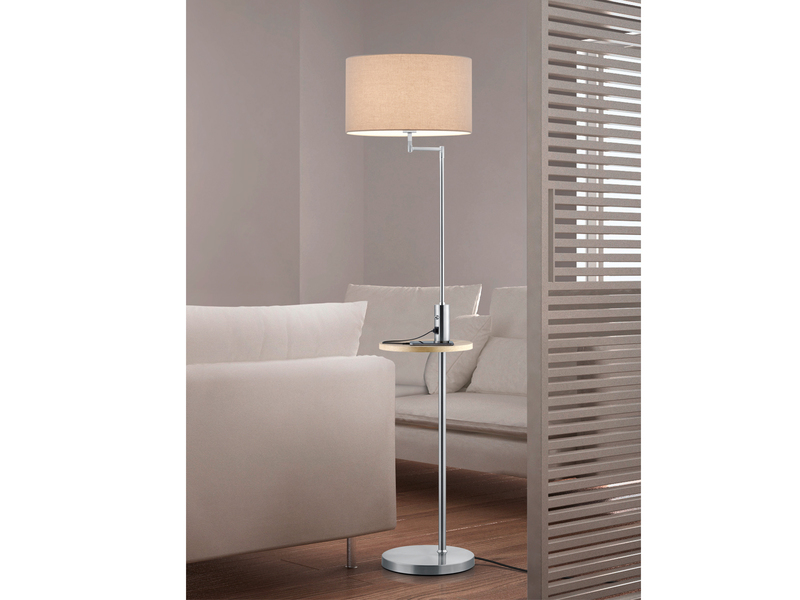 LED Stehleuchte Silber matt mit Stoffschirm, Ablagetisch & USB Anschluss, 160cm