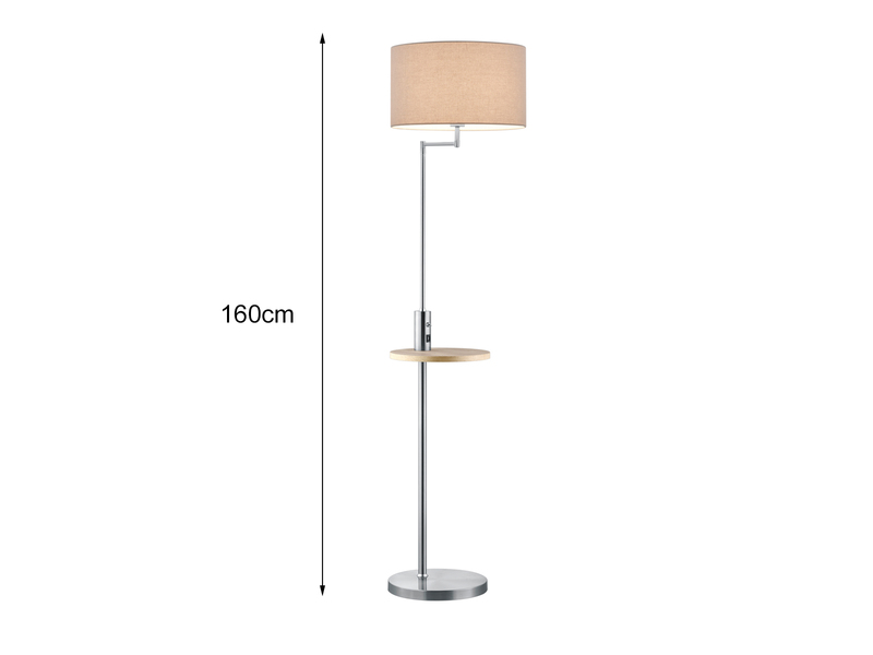 LED Stehleuchte Silber matt mit Stoffschirm, Ablagetisch & USB Anschluss, 160cm