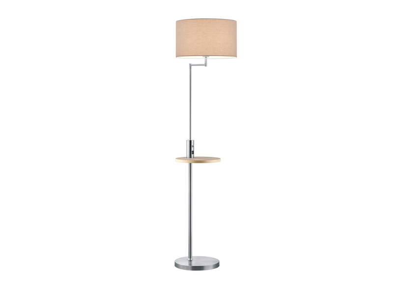 LED Stehleuchte Silber matt mit Stoffschirm, Ablagetisch & USB Anschluss, 160cm