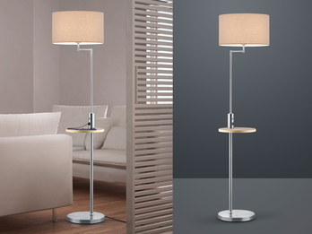 LED Stehleuchte Silber matt mit Stoffschirm, Ablagetisch & USB Anschluss, 160cm