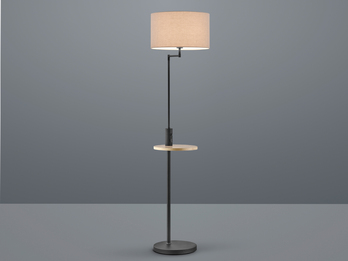 LED Stehleuchte Schwarz matt mit Stoffschirm, Ablagetisch & USB Anschluss, 160cm