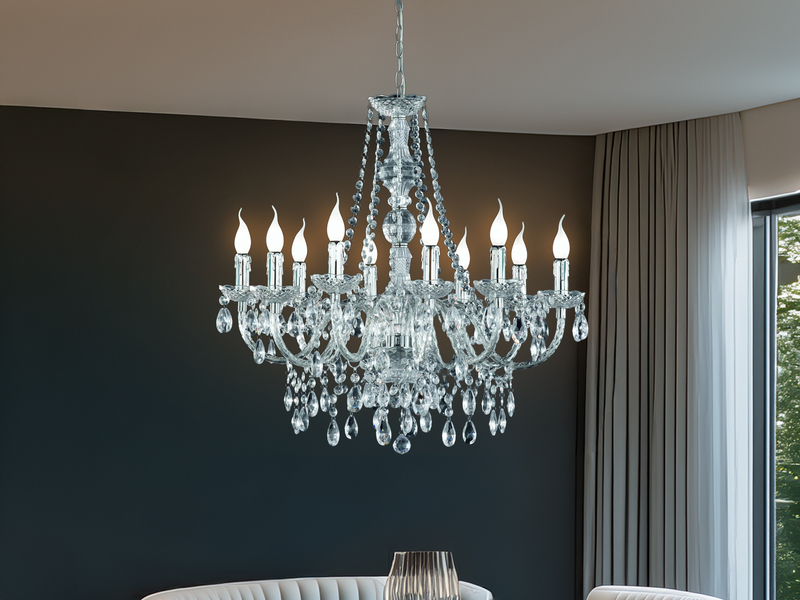 Großer Kronleuchter LÜSTER 10-flammig Silber Chrom mit Acryl Kristall, Ø 76cm