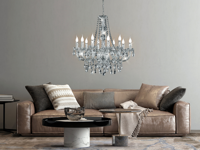 Großer Kronleuchter LÜSTER 10-flammig Silber Chrom mit Acryl Kristall, Ø 76cm