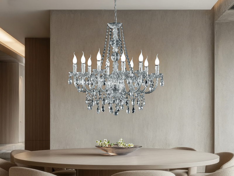 Großer LED Kronleuchter 10-flammig Silber Chrom mit Acryl Kristall Ø 76cm