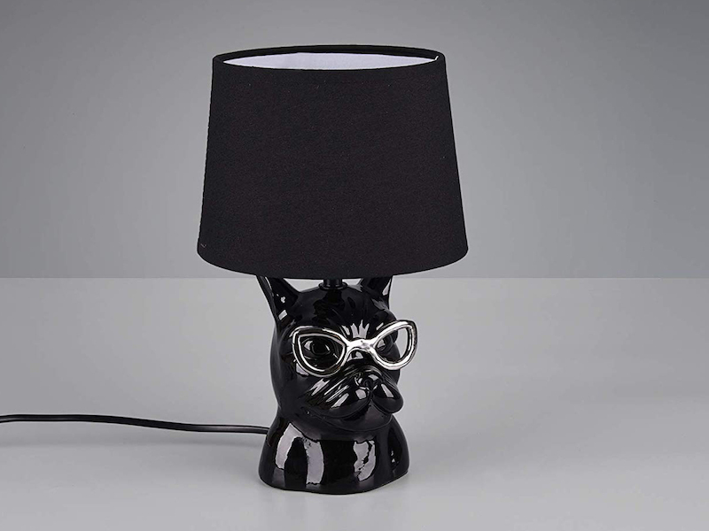 Coole Tischleuchte DOSY Keramik Hund, Stoffschirm Schwarz, Höhe 29cm