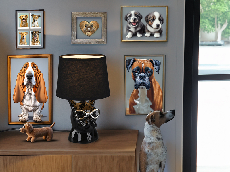 Coole Tischleuchte DOSY Keramik Hund, Stoffschirm Schwarz, Höhe 29cm