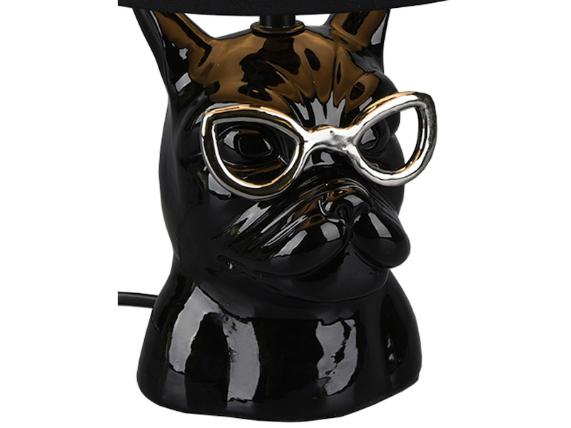 Coole LED Tischleuchte Keramik Hund mit Stoffschirm Ø18cm in Schwarz, Höhe 29cm