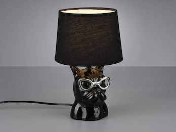 Coole LED Tischleuchte Keramik Hund mit Stoffschirm Ø18cm in Schwarz, Höhe 29cm