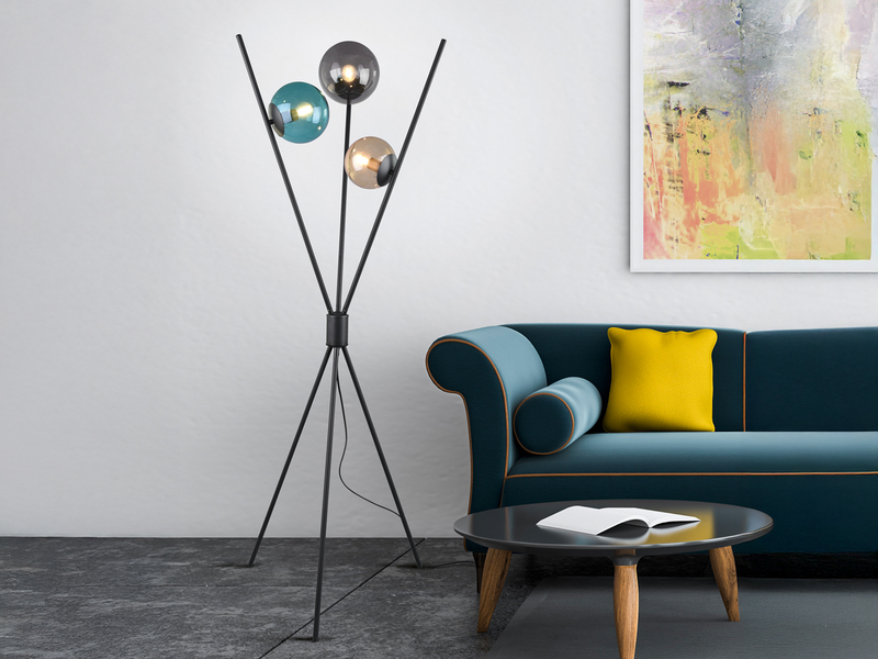 Ausgefallene Dreibein Stehleuchte LANCE mit bunten Glaskugeln, Höhe 156cm