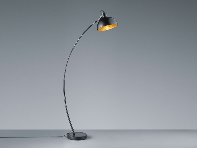 Moderne LED Bogenleuchte in Schwarz Schirm innen Gold, 155cm hoch 75cm Ausladung