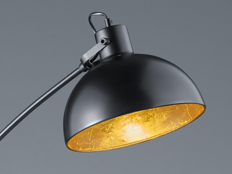 Moderne LED Bogenleuchte in Schwarz Schirm innen Gold, 155cm hoch 75cm Ausladung
